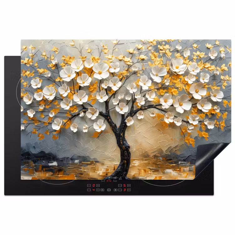 Boom - Bloemen - Goud - Beige Inductie beschermer vinyl 3mm klein -3d