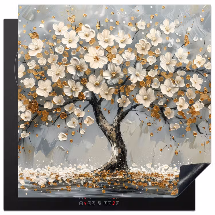Boom - Bloemen - Wit - Natuur - Kunst Inductie beschermer vinyl 3mm middel -3d