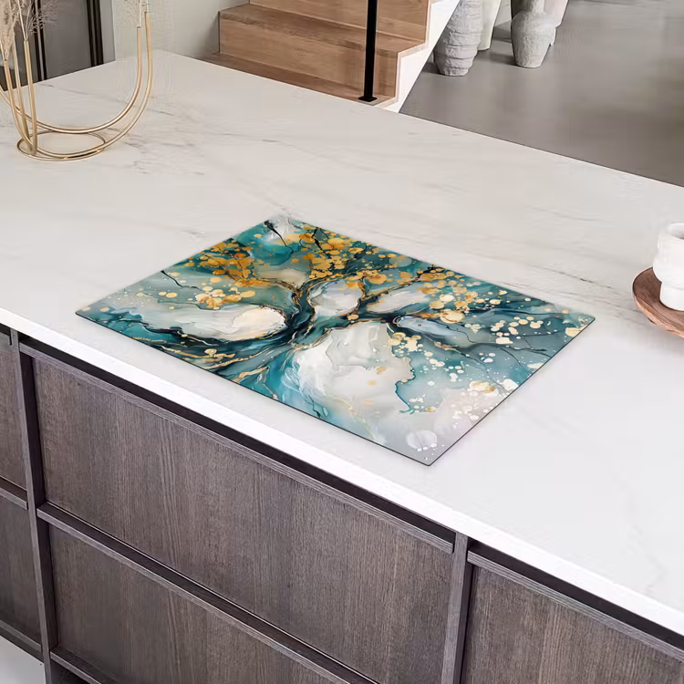 Boom - Modern - Verflook - Turquoise - Goud Inductie beschermer vinyl 3mm klein -sfeer8