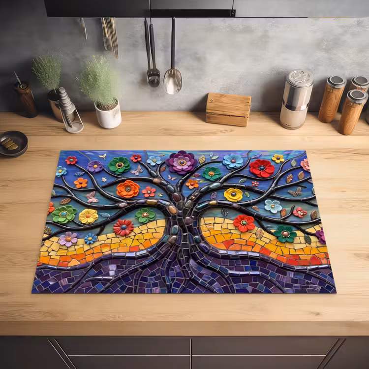 Levensboom - Mozaïek - Bloemen - Kleurrijk - Vrolijk Inductie beschermer vinyl 3mm klein -sfeer5