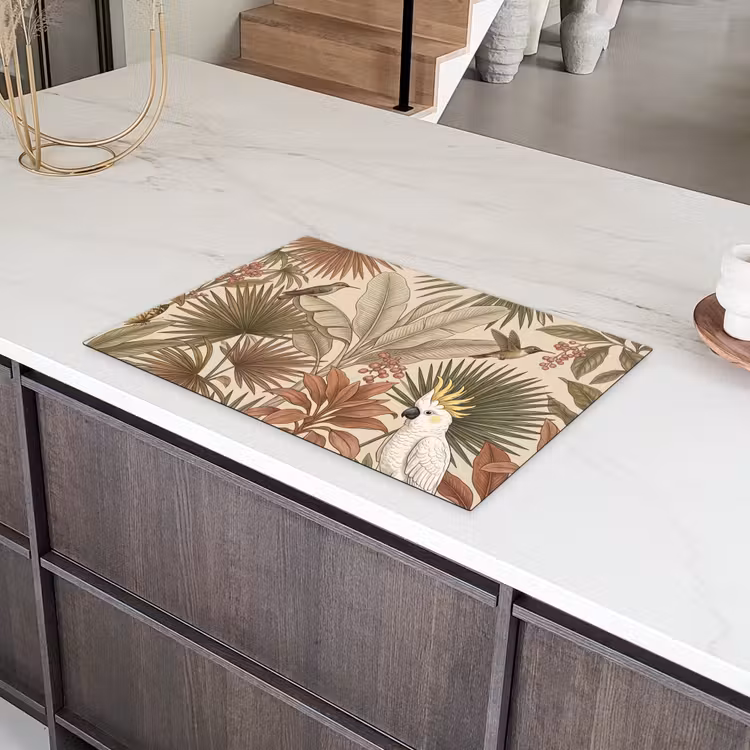Tropisch - Vogels - Beige Inductie beschermer vinyl 3mm klein -sfeer8