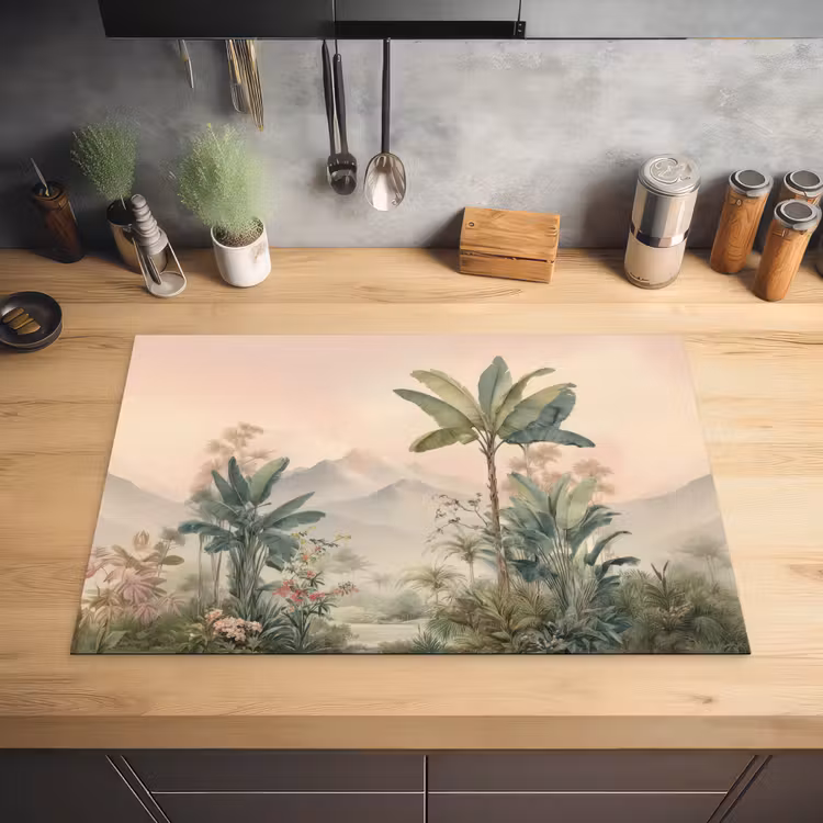 Tropisch landschap - palmbomen - Bloemen - Roze lucht Inductie beschermer vinyl 3mm klein -sfeer5