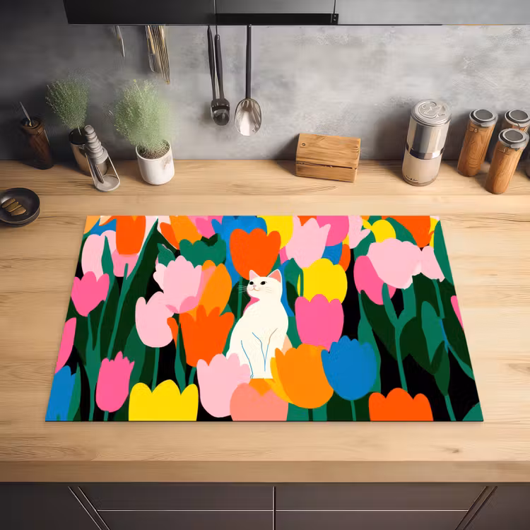 Tulpen - Kat - Kleurrijk Inductie beschermer vinyl 3mm klein -sfeer5