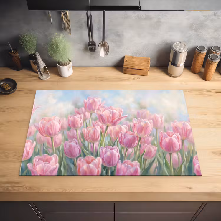 Tulpen - Veld - Lente - Roze Inductie beschermer vinyl 3mm klein -sfeer5