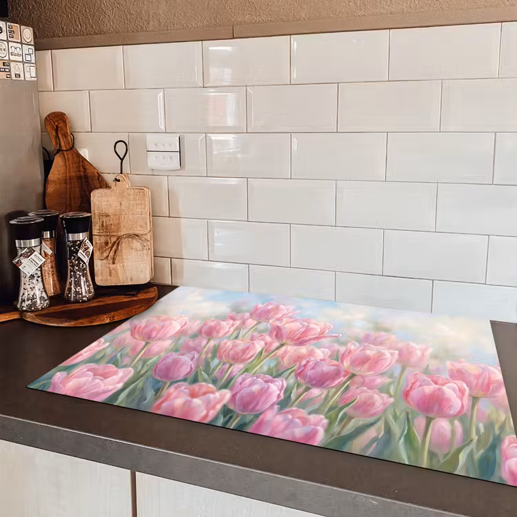 Tulpen - Veld - Lente - Roze Inductie beschermer vinyl 3mm klein -sfeer3