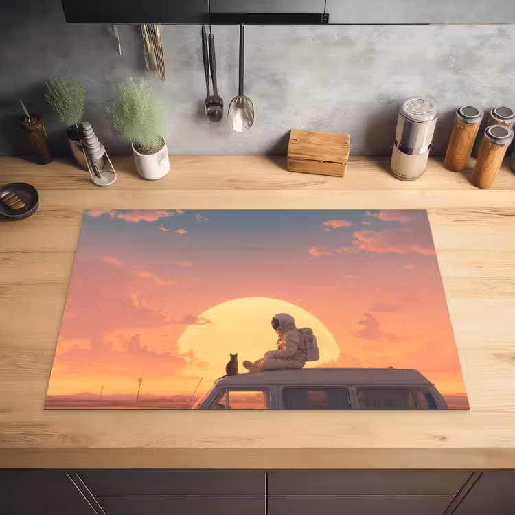 Busje - Kat - Zonsondergang - Oranje Inductie beschermer vinyl 3mm klein -sfeer5
