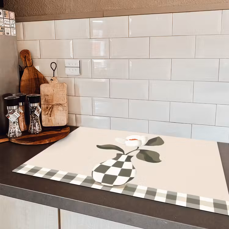 Vaas - Geruit - Groen - Bloem Inductie beschermer vinyl 3mm klein -sfeer3