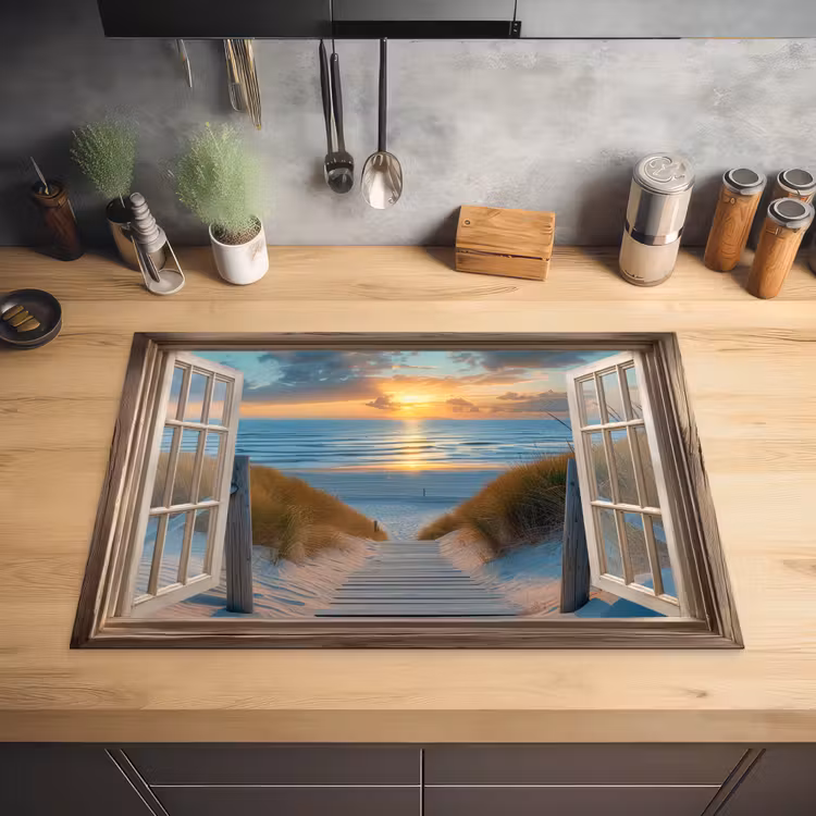 Doorkijk - Strand - Pad - Zonsondergang Inductie beschermer vinyl 3mm klein -sfeer5