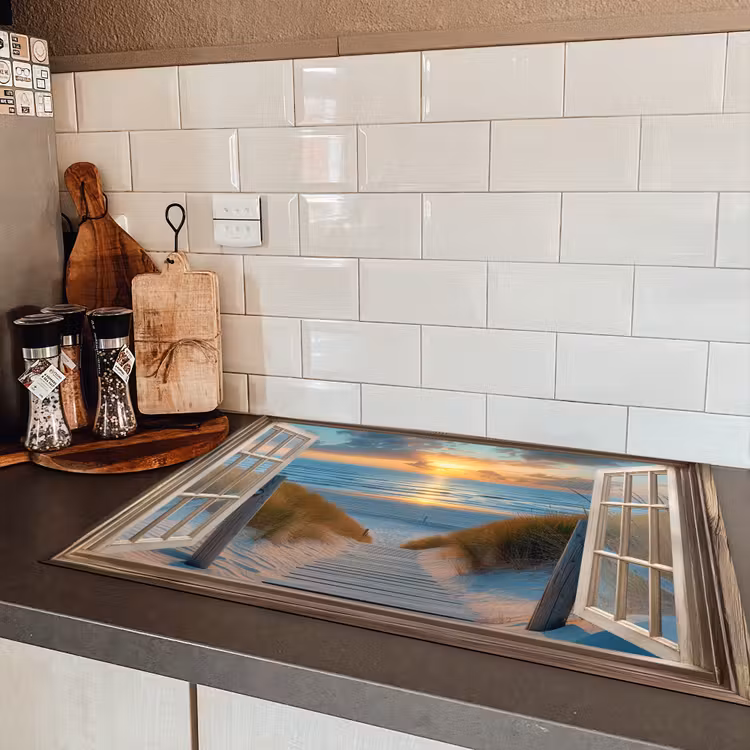 Doorkijk - Strand - Pad - Zonsondergang Inductie beschermer vinyl 3mm klein -sfeer3