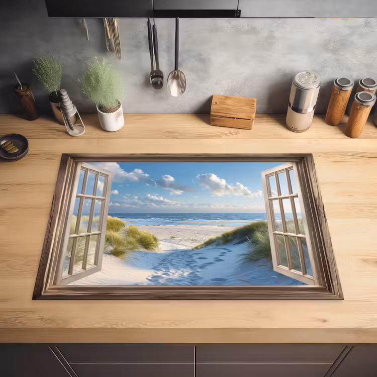 Doorkijk - Strand - Raam - Duinen - Zee Inductie beschermer vinyl 3mm klein -sfeer5