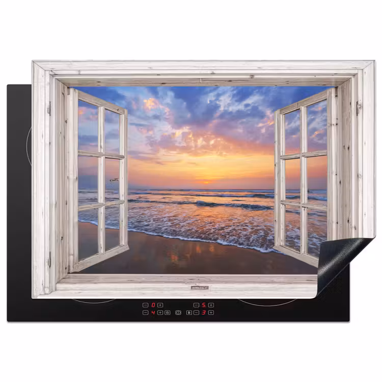 Doorkijk - Zee - Strand - Zonsondergang - Blauw Inductie beschermer vinyl 3mm middel -3d