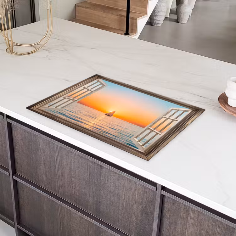 Doorkijk - Zee - Boot - Zonsondergang Inductie beschermer vinyl 3mm klein -sfeer8