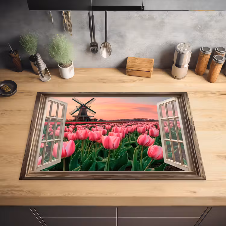 Doorkijk - Tulpen - Bloemen - Molen - Raam Inductie beschermer vinyl 3mm klein -sfeer5