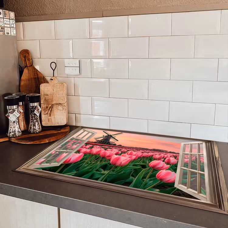 Doorkijk - Tulpen - Bloemen - Molen - Raam Inductie beschermer vinyl 3mm klein -sfeer3