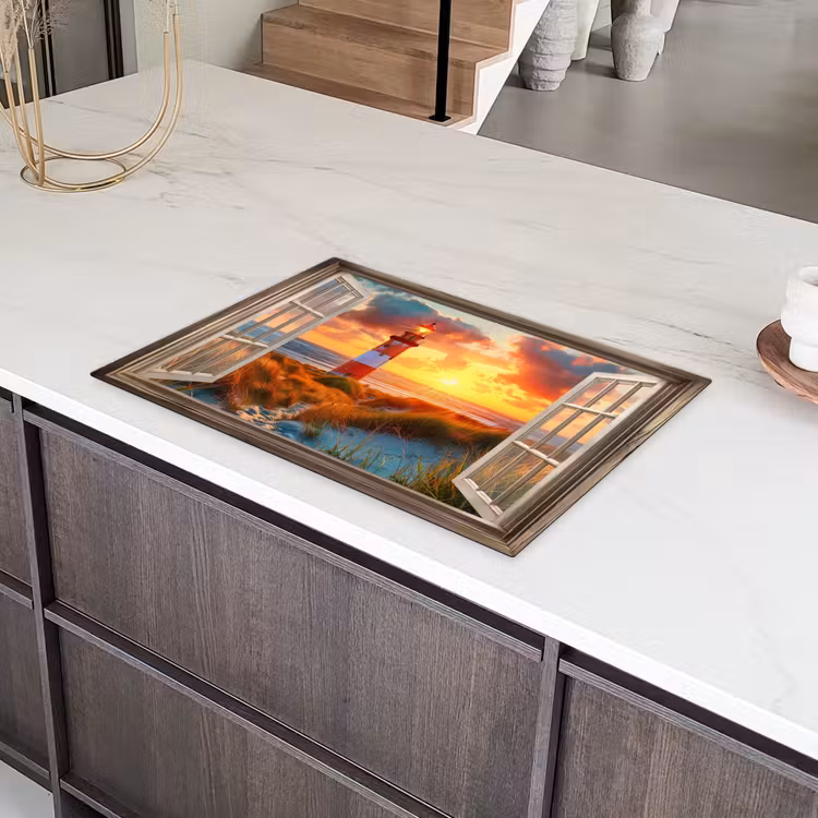Doorkijk - Raam - Vuurtoren - Zonsondergang - Strand Inductie beschermer vinyl 3mm klein -sfeer8