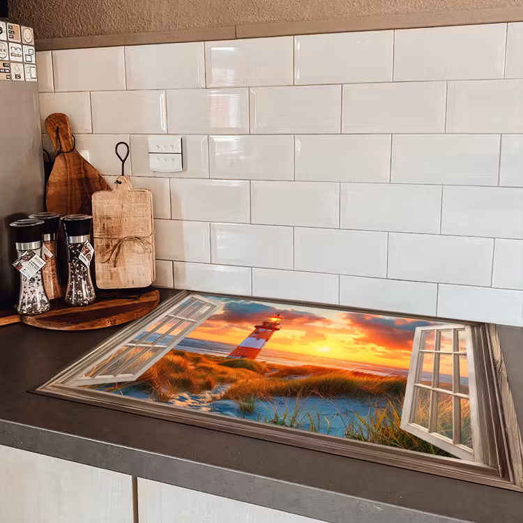 Doorkijk - Raam - Vuurtoren - Zonsondergang - Strand Inductie beschermer vinyl 3mm klein -sfeer3