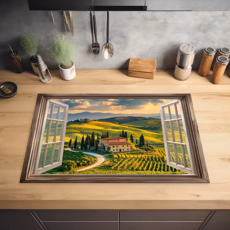 Doorkijk - Toscane - Uitzicht - Landschap - Zomer Inductie beschermer vinyl 3mm klein -sfeer5