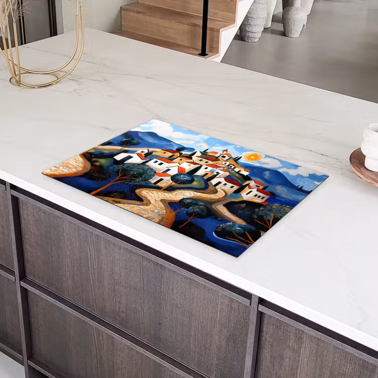 Dorp - Heuvelachtig - Zon - Mozaïek Inductie beschermer vinyl 3mm klein -sfeer8