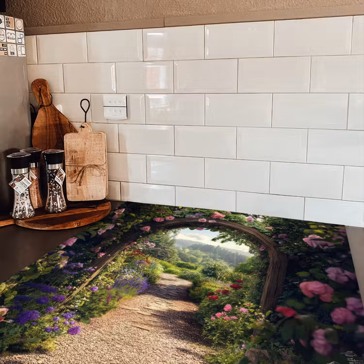 Doorkijk - Landschap - Bloemen - Rozenboog - Natuur Inductie beschermer vinyl 3mm middel -sfeer3