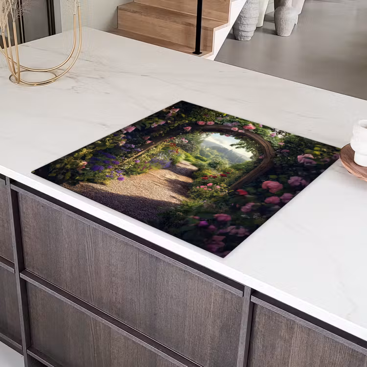 Doorkijk - Landschap - Bloemen - Rozenboog - Natuur Inductie beschermer vinyl 3mm middel -sfeer8