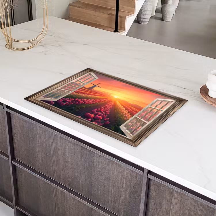 Doorkijk - Tulpen - Zonsondergang - Bloemen - Kleurrijk Inductie beschermer vinyl 3mm klein -sfeer8