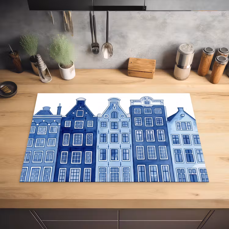 Aquarel - Grachtenpanden - Delfts - Blauw Inductie beschermer vinyl 3mm klein -sfeer5
