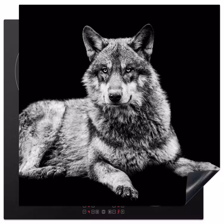 Wilde dieren - Wolf - Zwart - Wit Inductie beschermer vinyl 3mm middel -3d