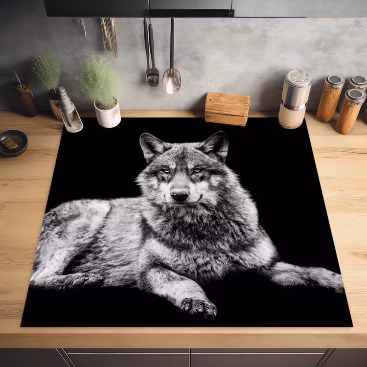Wilde dieren - Wolf - Zwart - Wit Inductie beschermer vinyl 3mm middel -sfeer5