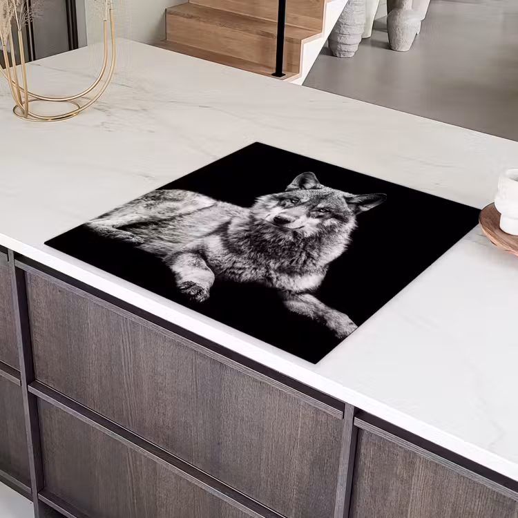 Wilde dieren - Wolf - Zwart - Wit Inductie beschermer vinyl 3mm middel -sfeer8