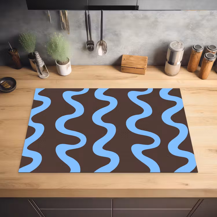 Kronkelende lijnen - Blauw - Bruin - Minimalistisch Inductie beschermer vinyl 3mm klein 276 -sfeer5