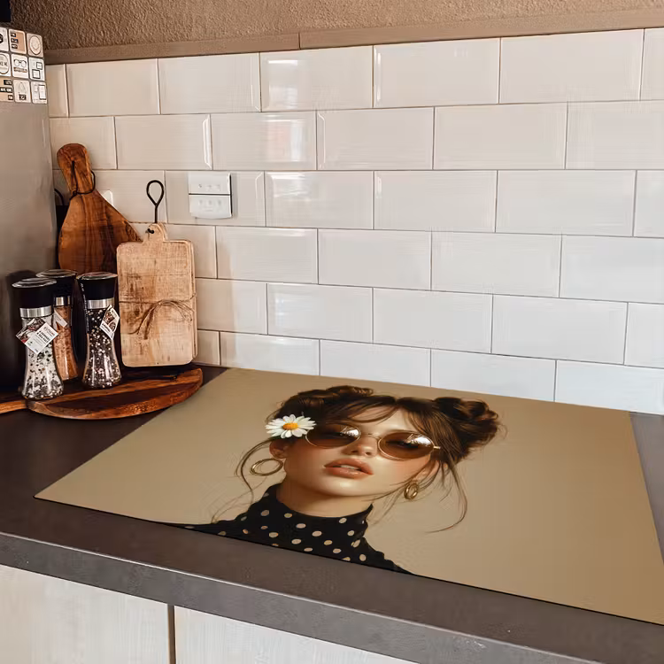 Vrouw - Beige - Bloem - Modern - Portret Inductie beschermer vinyl 3mm klein -sfeer3
