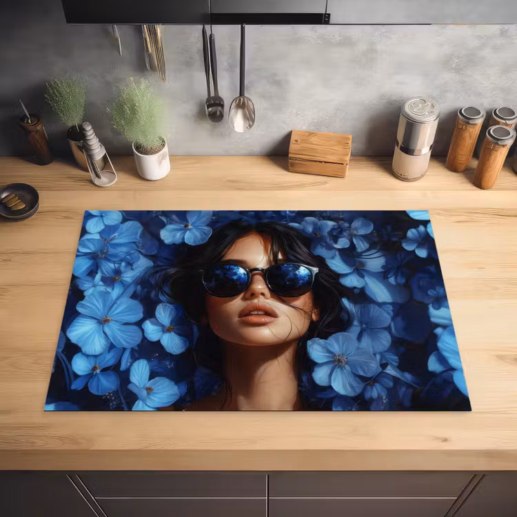 Vrouw - Blauw - Bloemen - Vlinders - Natuur Inductie beschermer vinyl 3mm klein -sfeer5
