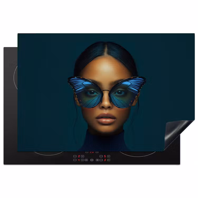 Vrouw - Vlinder - Bril - Blauw - Modern - Portret Inductie beschermer vinyl 3mm klein -3d