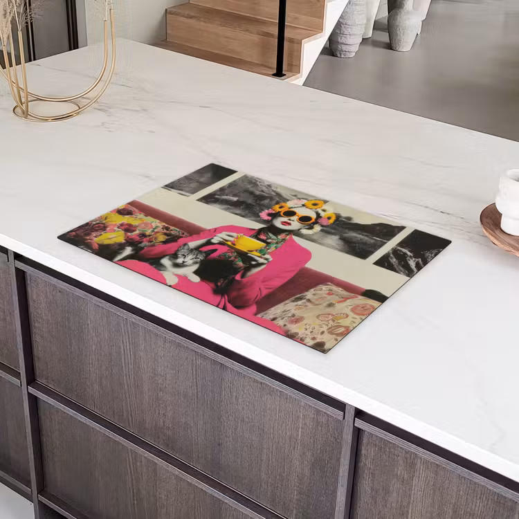 Vrouw - Kat - Bloemen - Kopje - Retro Inductie beschermer vinyl 3mm klein -sfeer8