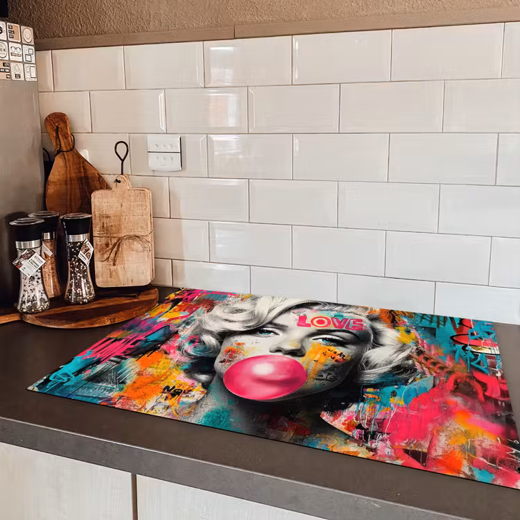 Vrouw - Kauwgom - Graffiti - Neonkleuren Inductie beschermer vinyl 3mm klein -sfeer3