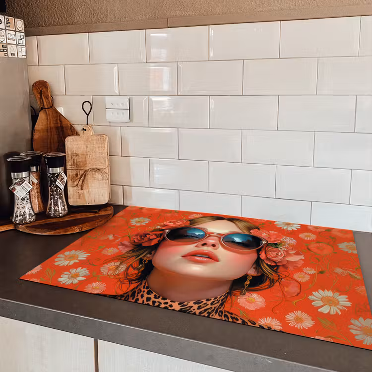 Vrouw - Kleurrijk - Dierenprint - Bloemen Inductie beschermer vinyl 3mm klein -sfeer3