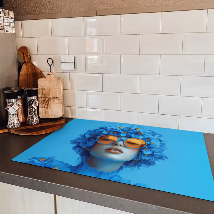 Vrouw - Bloem - Blauw - Modern - Bril - Portret Inductie beschermer vinyl 3mm klein -sfeer3