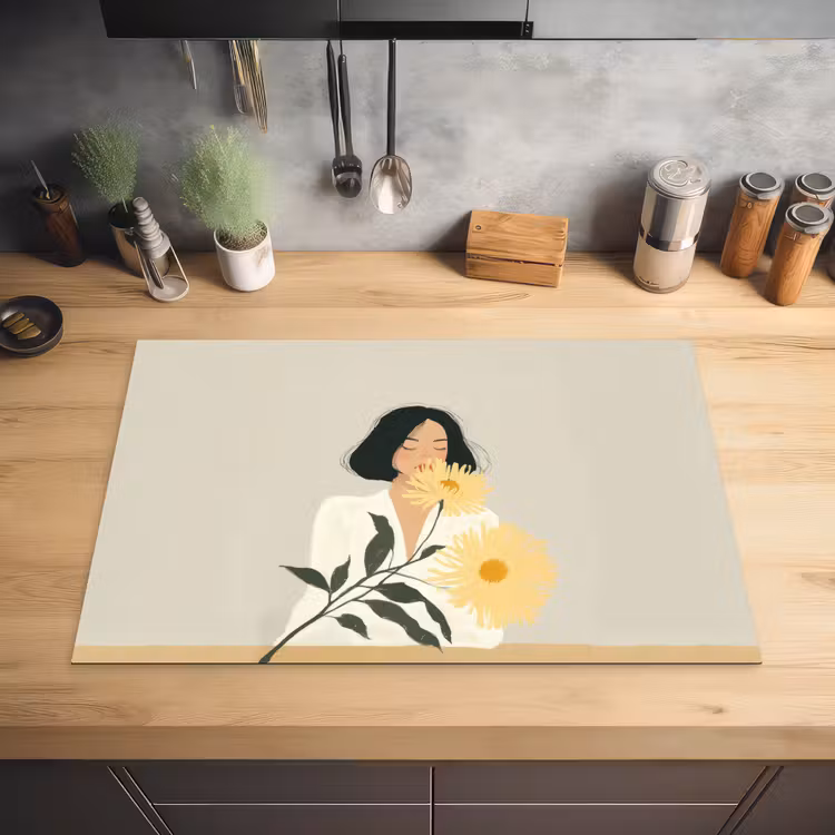 Vrouw - Bloem - Geel - Minimalistisch Inductie beschermer vinyl 3mm klein -sfeer5