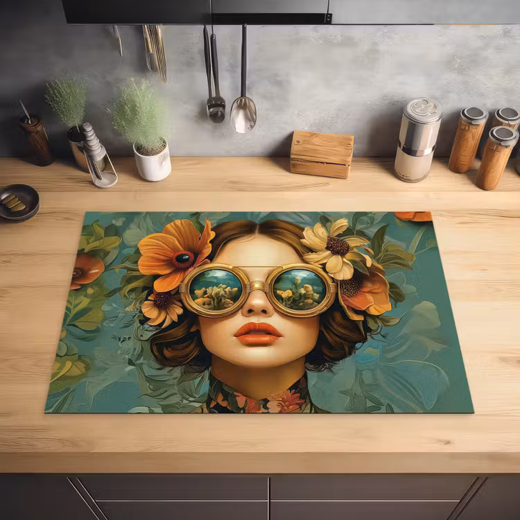 Vrouw - Bloemen - Vlinders - Natuur - Vintage Inductie beschermer vinyl 3mm klein -sfeer5