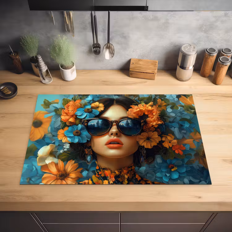 Vrouw - Bloemen - Oranje - Blauw - Modern Inductie beschermer vinyl 3mm klein -sfeer5