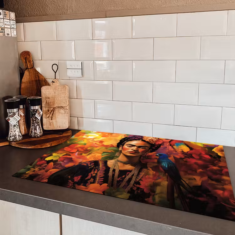 Vrouw - Bloemen - Papegaai - Schilderachtig Inductie beschermer vinyl 3mm klein -sfeer3