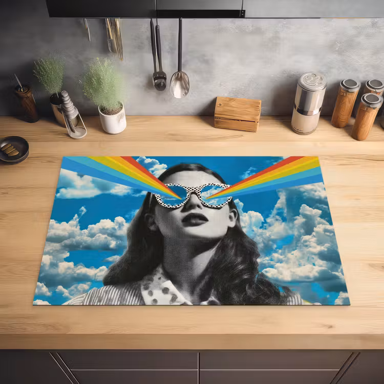 Vrouw - Bril - Regenboog - Wolken Inductie beschermer vinyl 3mm klein -sfeer5