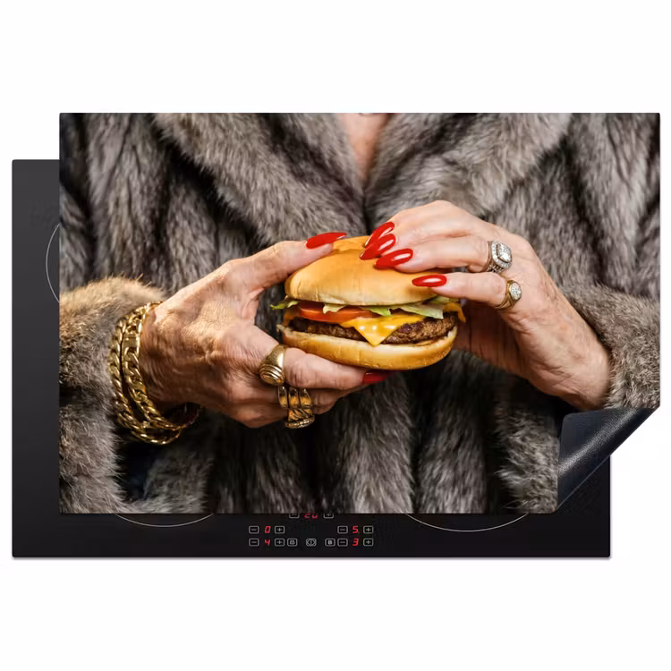 Vrouw - Hamburger - Bontjas Inductie beschermer vinyl 3mm klein -3d