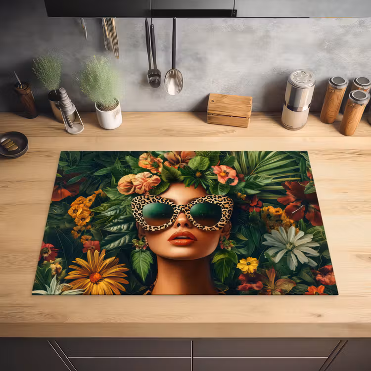 Vrouw - Panterprint - Jungle - Natuur - Luxe Inductie beschermer vinyl 3mm klein -sfeer5