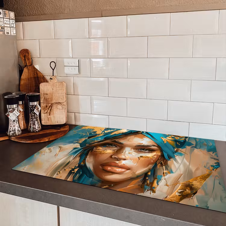 Vrouw - Portret - Goud - Luxe - Blauw Inductie beschermer vinyl 3mm klein -sfeer3