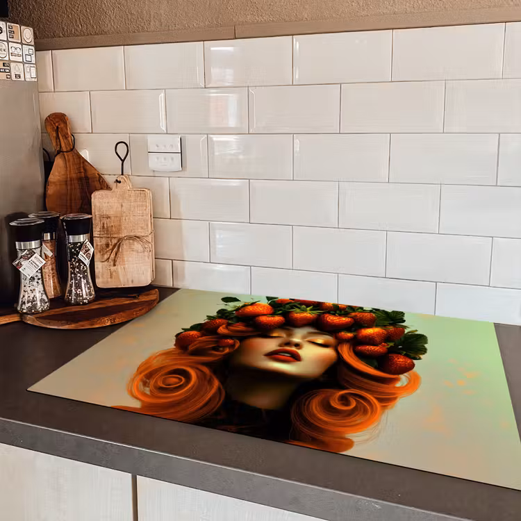 Vrouw - Aardbeien - Kroon Inductie beschermer vinyl 3mm klein -sfeer3