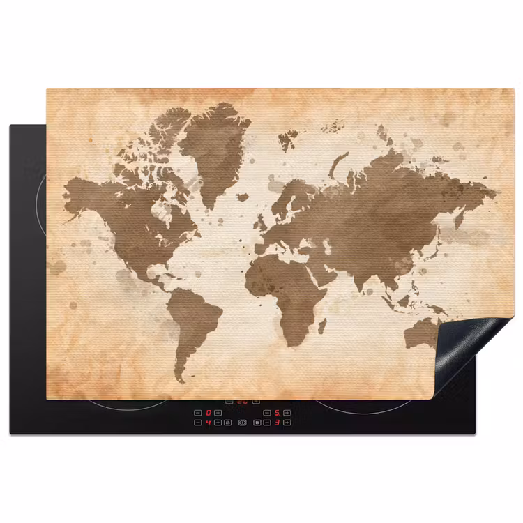 Wereldkaart - Beige - Bruin Inductie beschermer vinyl 3mm klein -3d