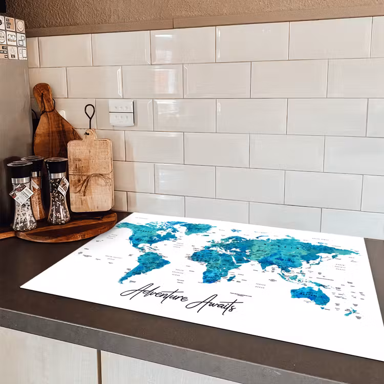 Wereldkaart - Blauw - Kleurrijk Inductie beschermer vinyl 3mm klein -sfeer3