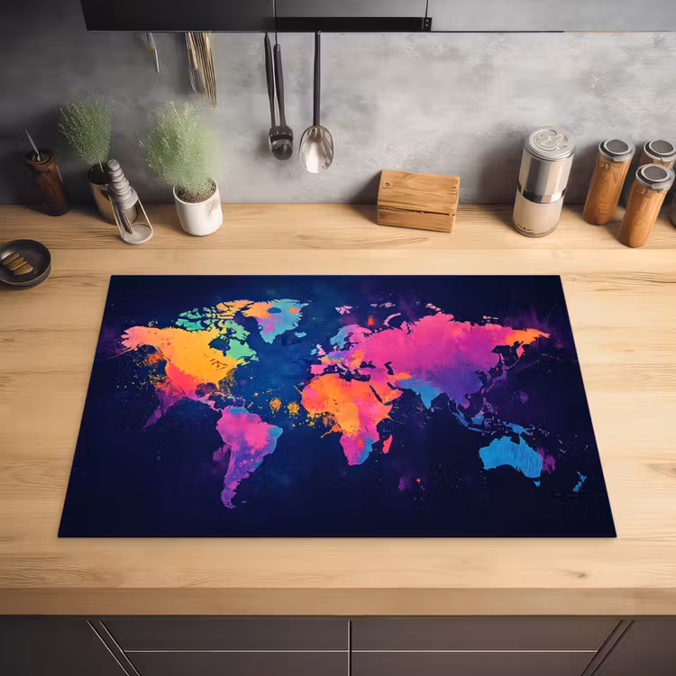 Wereldkaart - Kleurrijk - Graffiti Inductie beschermer vinyl 3mm klein -sfeer5