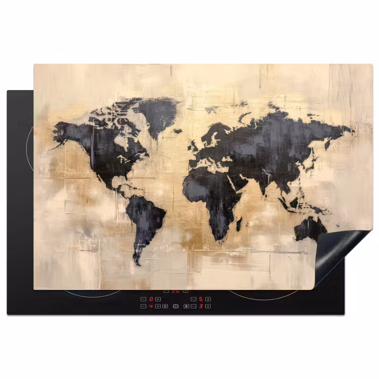Wereldkaart - Goud - Zwart - Abstract Inductie beschermer vinyl 3mm klein -3d